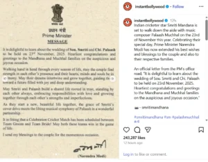 Prime Minister Narendra Modi personally congratulated the couple, praising Smriti’s cricket achievements and Palash’s musical journey while wishing them a happy married life.